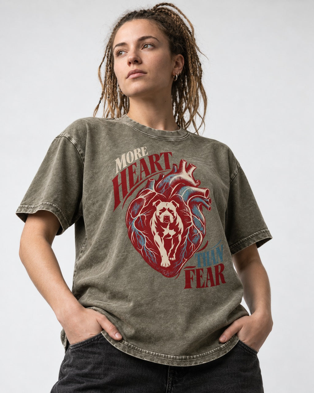 Pitbull More Heart Than Fear Anatomical Heart Graphic Washed Tee in Army Green, worn by a model