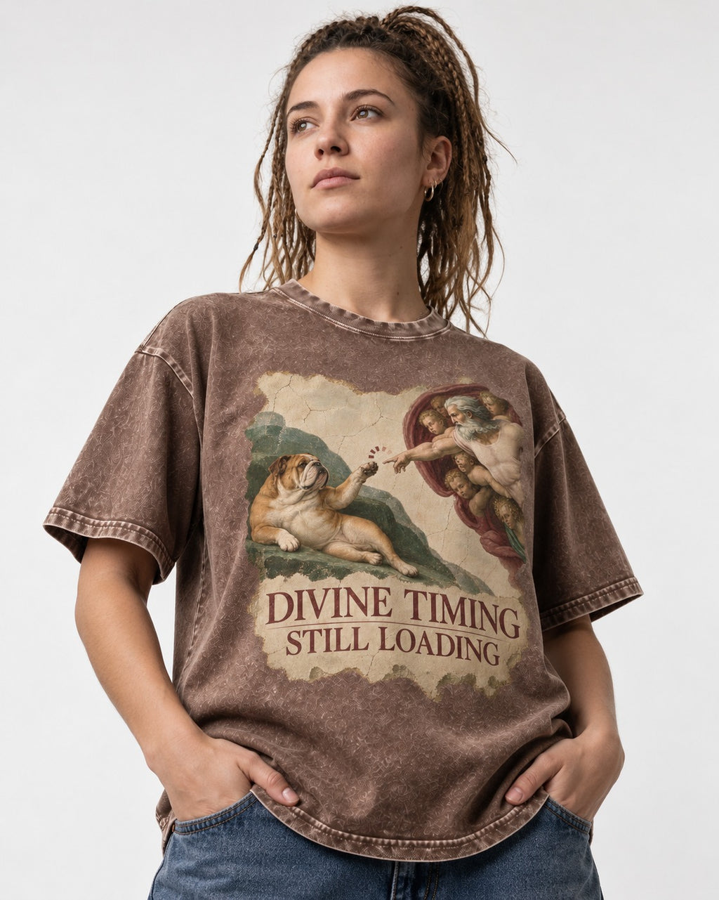 English Bulldog Divine Timing Still Loading Washed Tee in Coffee, worn by a model