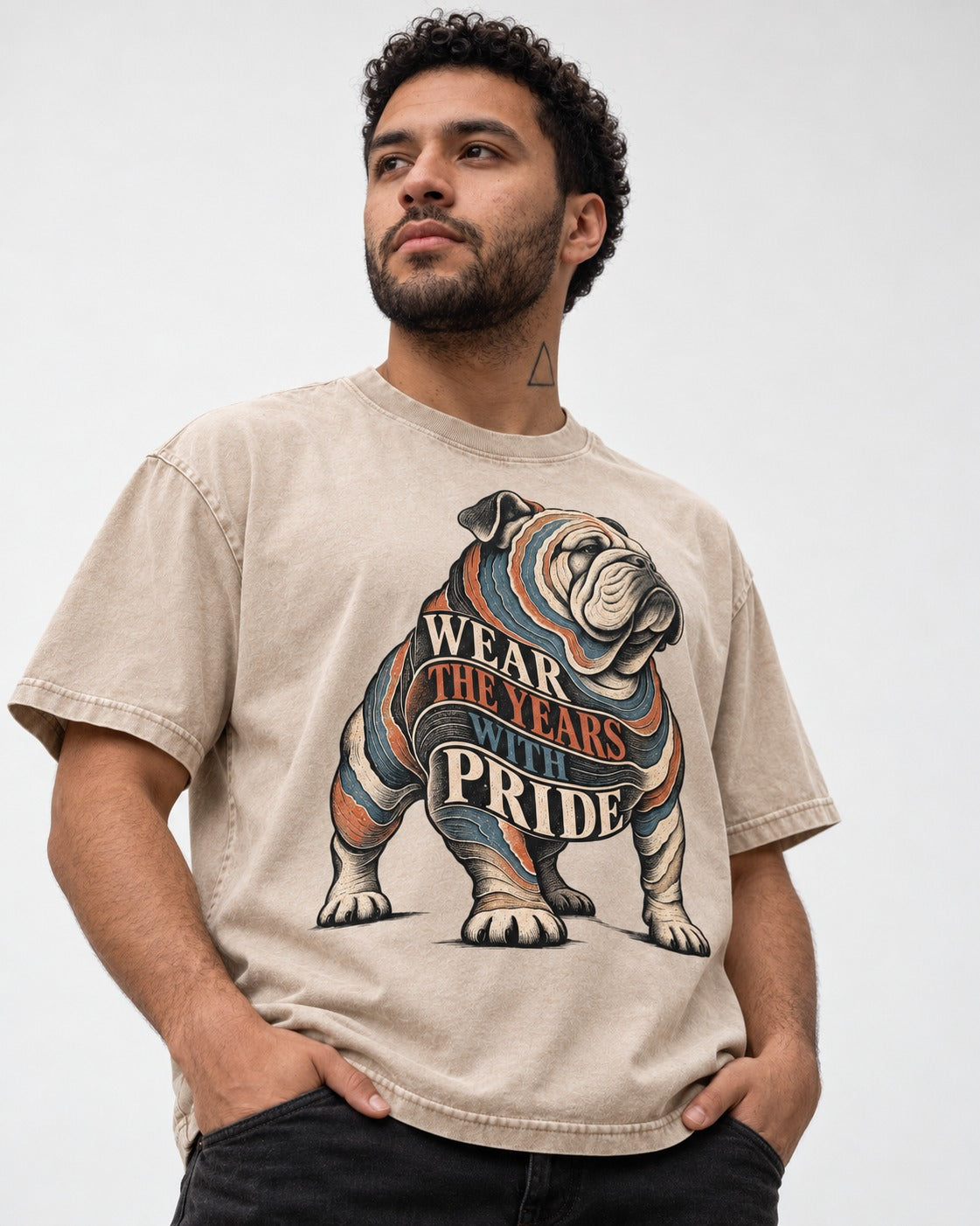 English Bulldog Wear the Years Washed Tee in Apricot, worn by a model