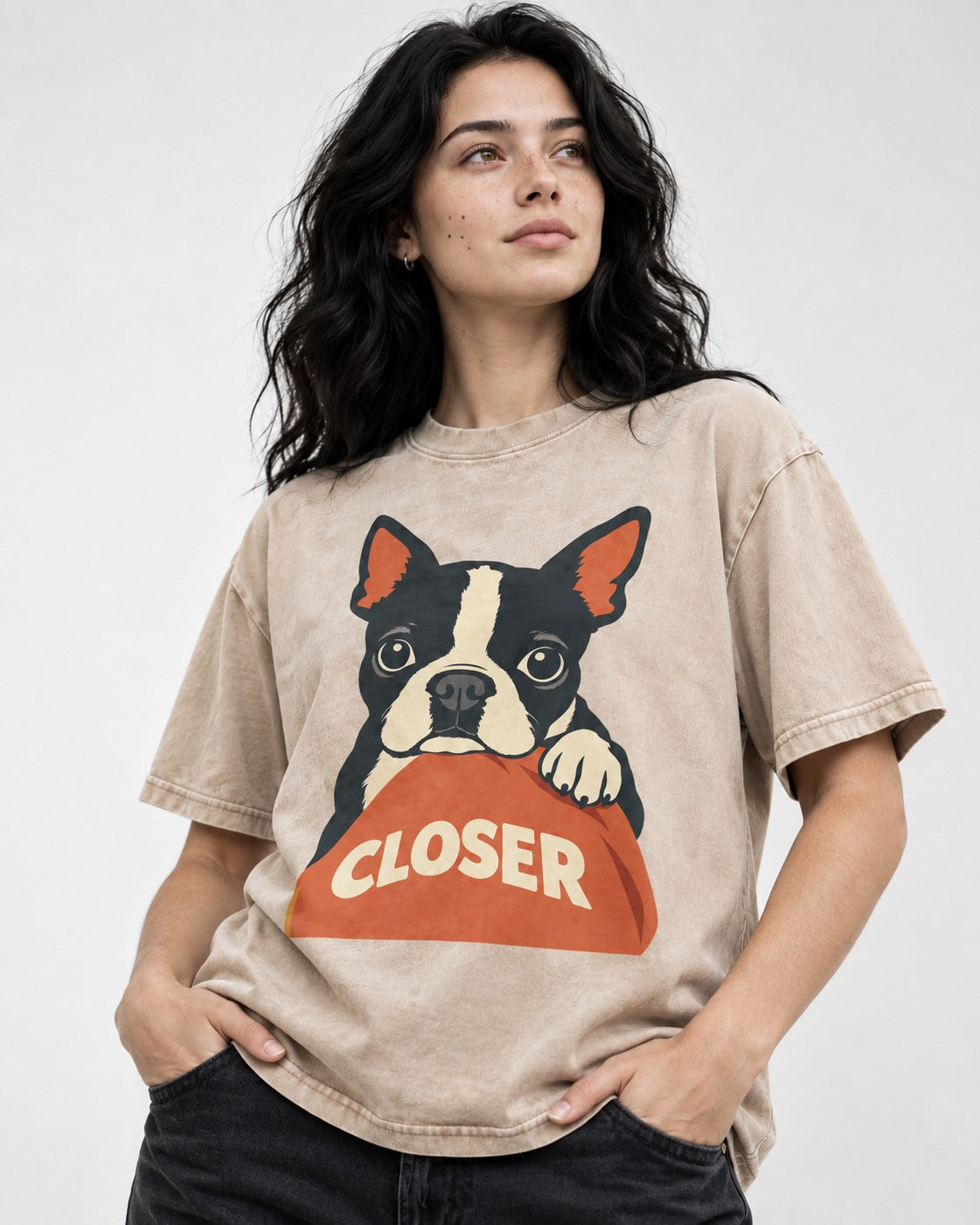 Come Closer Boston Terrier Washed Tee in Apricot, worn by a model