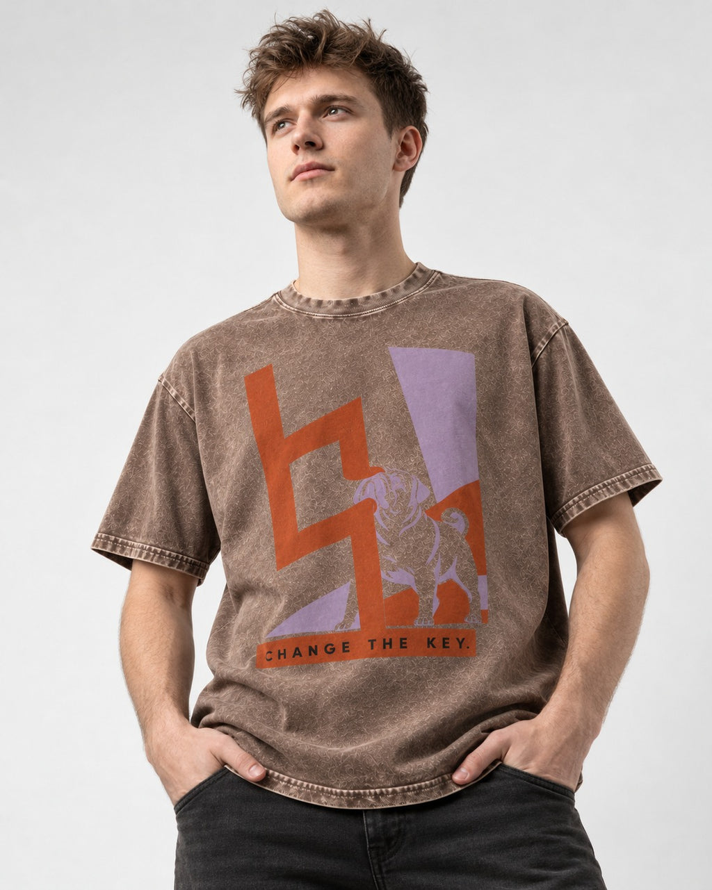 Pug Change the Key Washed Tee in Coffee, worn by a model