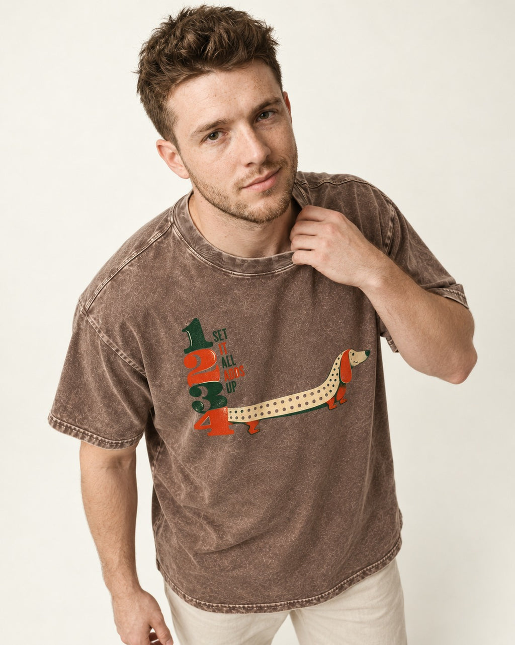Dachshund Adds Up Washed Tee in Coffee, worn by a model