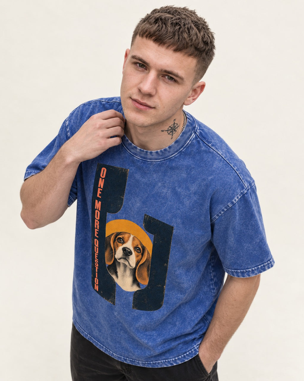 One More Question Beagle Modernist Washed Tee in Royal Blue, worn by a model