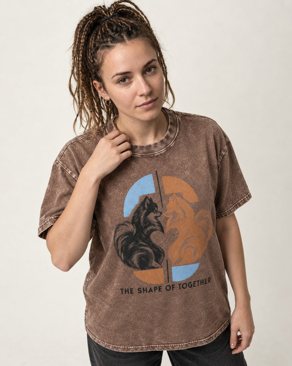 Pomeranian The Shape of Together Washed Tee in Coffee, worn by a model