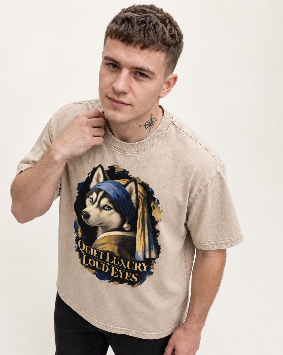 Husky Quiet Luxury Loud Eyes Pearl Portrait Graphic Washed Tee in Apricot, worn by a model