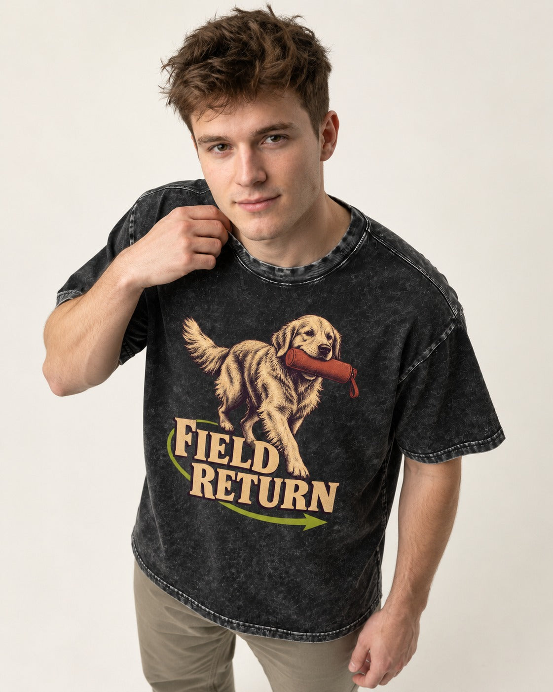 Golden Retriever Field Return Training Dummy Graphic Washed Tee in Black, worn by a model