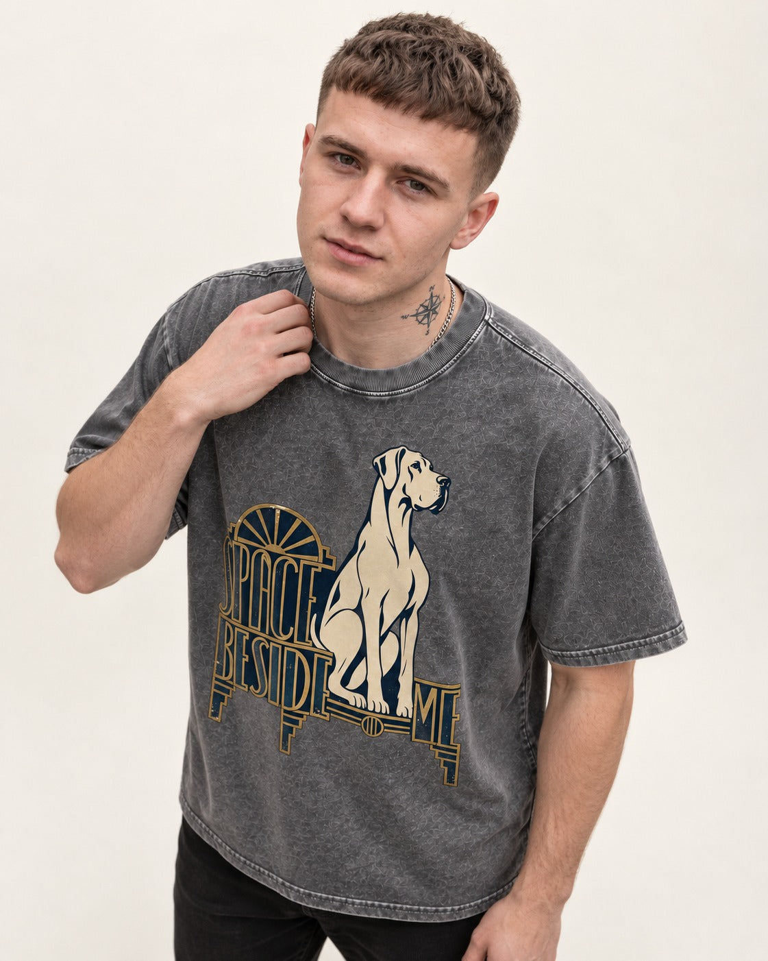 Great Dane's Space Beside Me Washed Tee in Gray, worn by a model