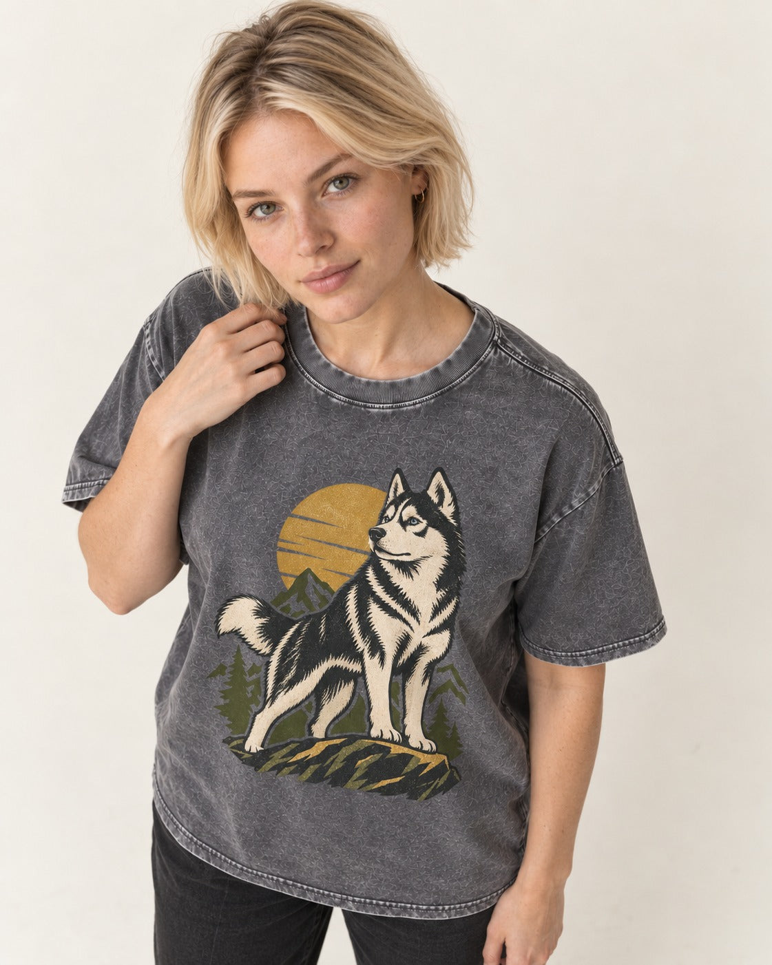 Husky Born to Roam Washed Tee in Gray, worn by a model