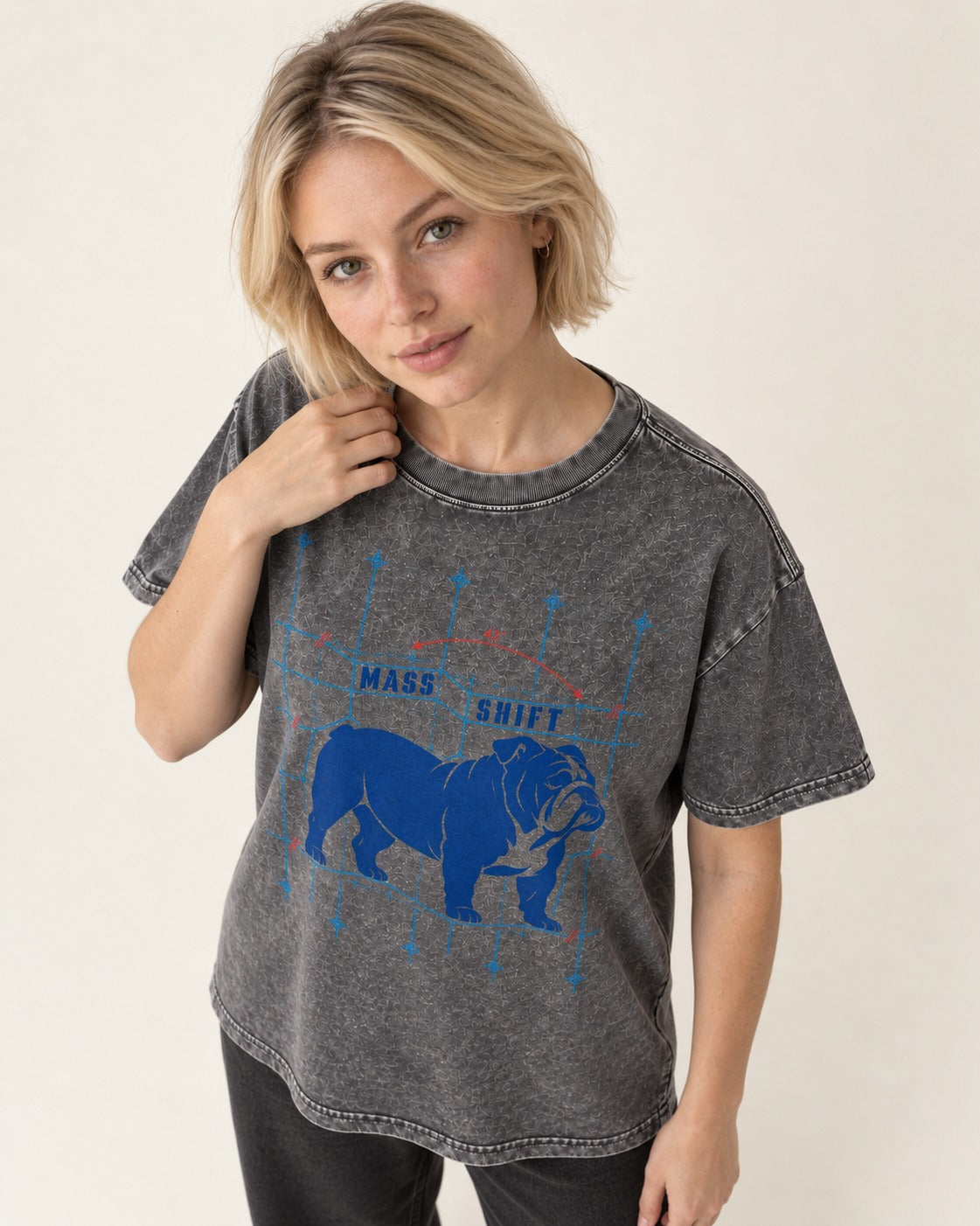 Mass Shift English Bulldog Washed Tee in Gray, worn by a model