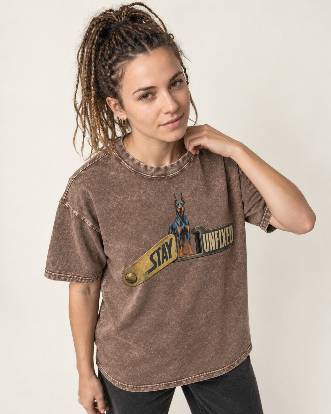 Doberman Stay Unfixed Washed Tee in Coffee, worn by a model