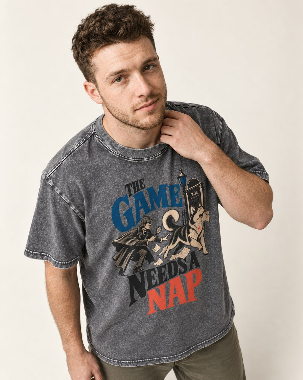 Husky Needs a Nap Washed Tee in Gray, worn by a model