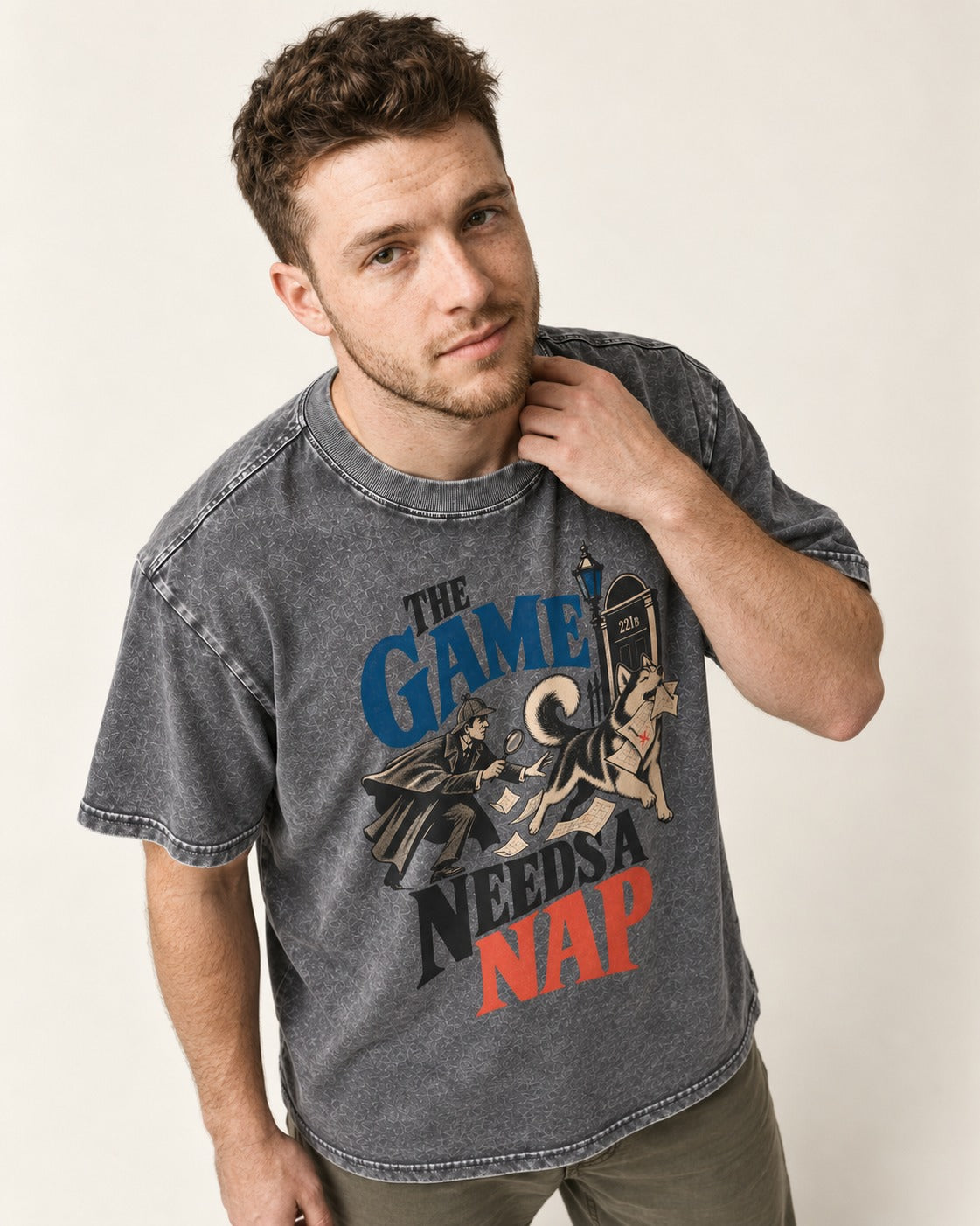 Husky Needs a Nap Washed Tee in Gray, worn by a model