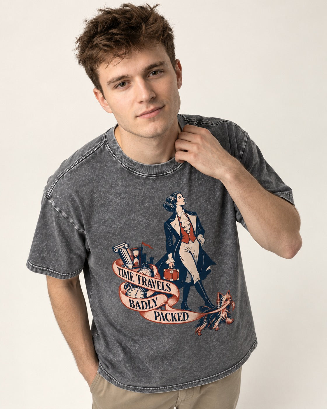 Time Travels Badly Packed Yorkshire Terrier Washed Tee in Gray, worn by a model