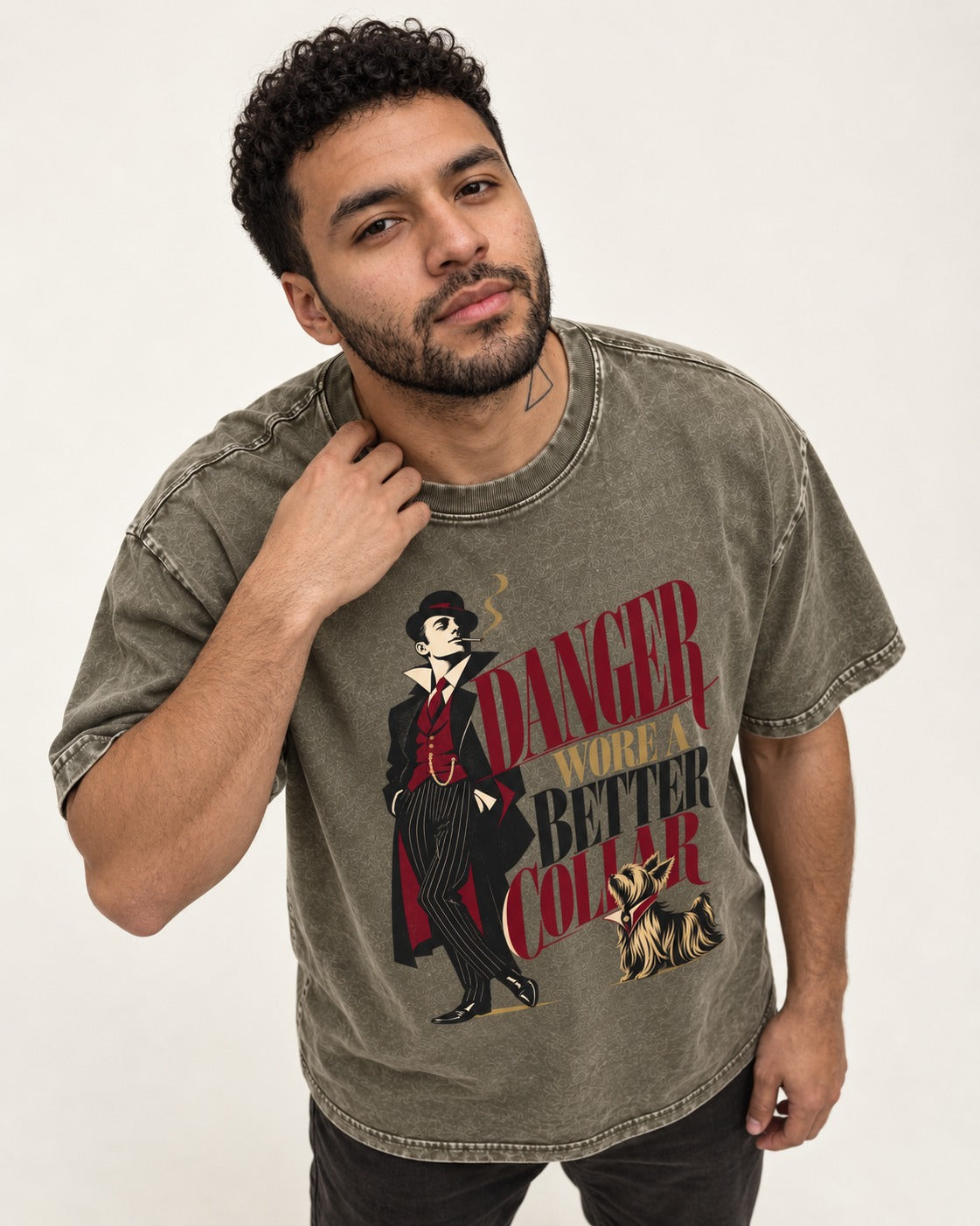 Yorkshire Terrier Danger Wore a Better Collar Art Deco Graphic Washed Tee in Army Green, worn by a model
