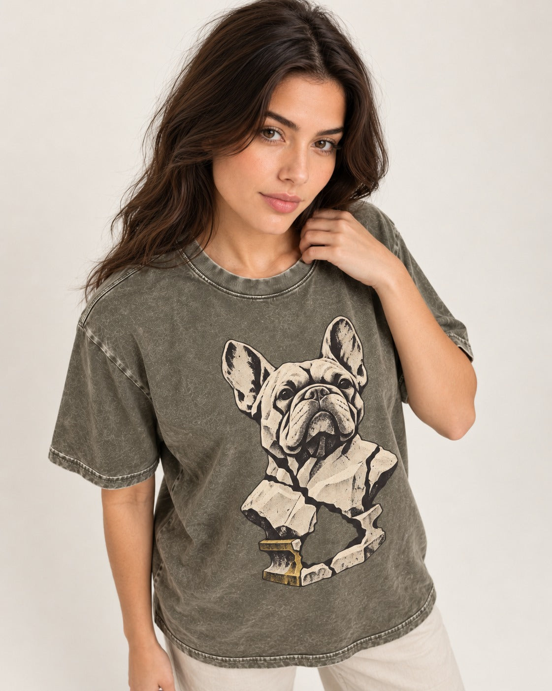 Frenchie Fractured Stone Bust Graphic Washed Tee in Army Green, worn by a model