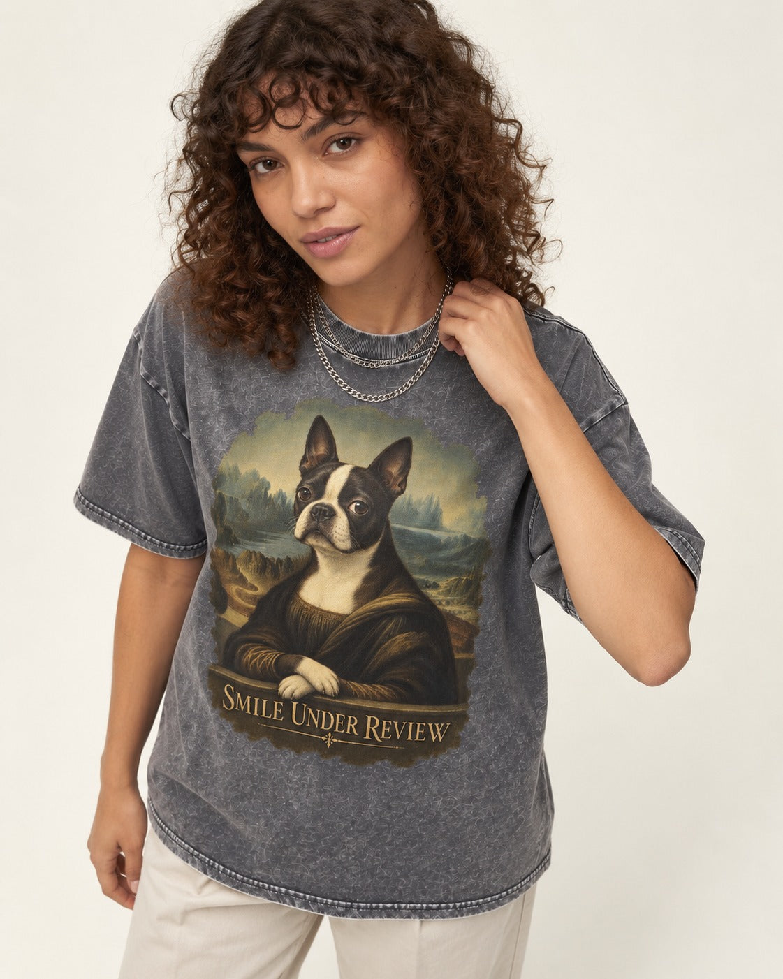 Smile Under Review Boston Terrier Mona Lisa Portrait Washed Tee in Gray, worn by a model