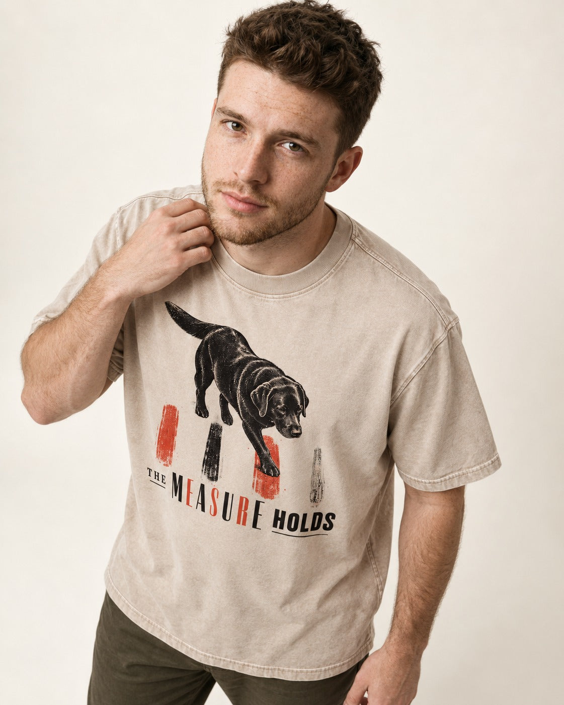 Labrador Retriever The Measure Holds Washed Tee in Apricot, worn by a model