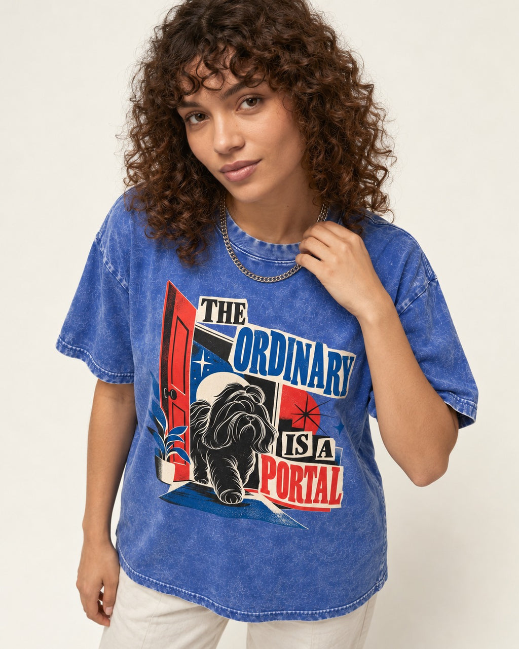 Shih Tzu The Ordinary Is a Portal Door Graphic Washed Tee in Royal Blue, worn by a model