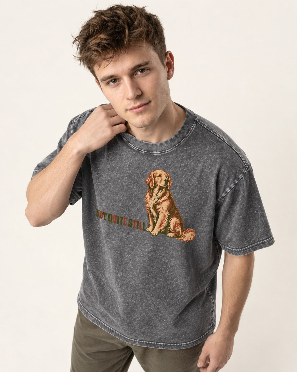Golden Retriever Not Quite Still Washed Tee in Gray, worn by a model