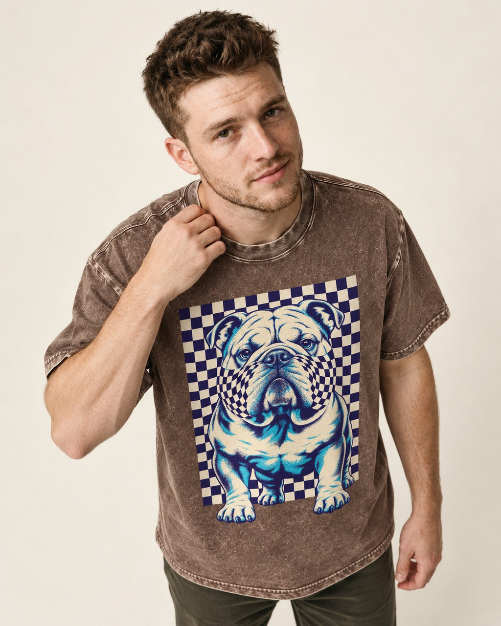 English Bulldog Double Take Washed Tee in Coffee, worn by a model