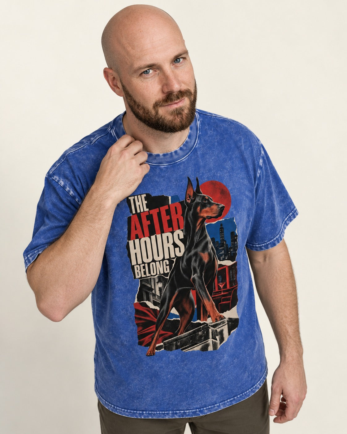 Doberman The After Hours Belong City Collage Washed Tee in Royal Blue, worn by a model