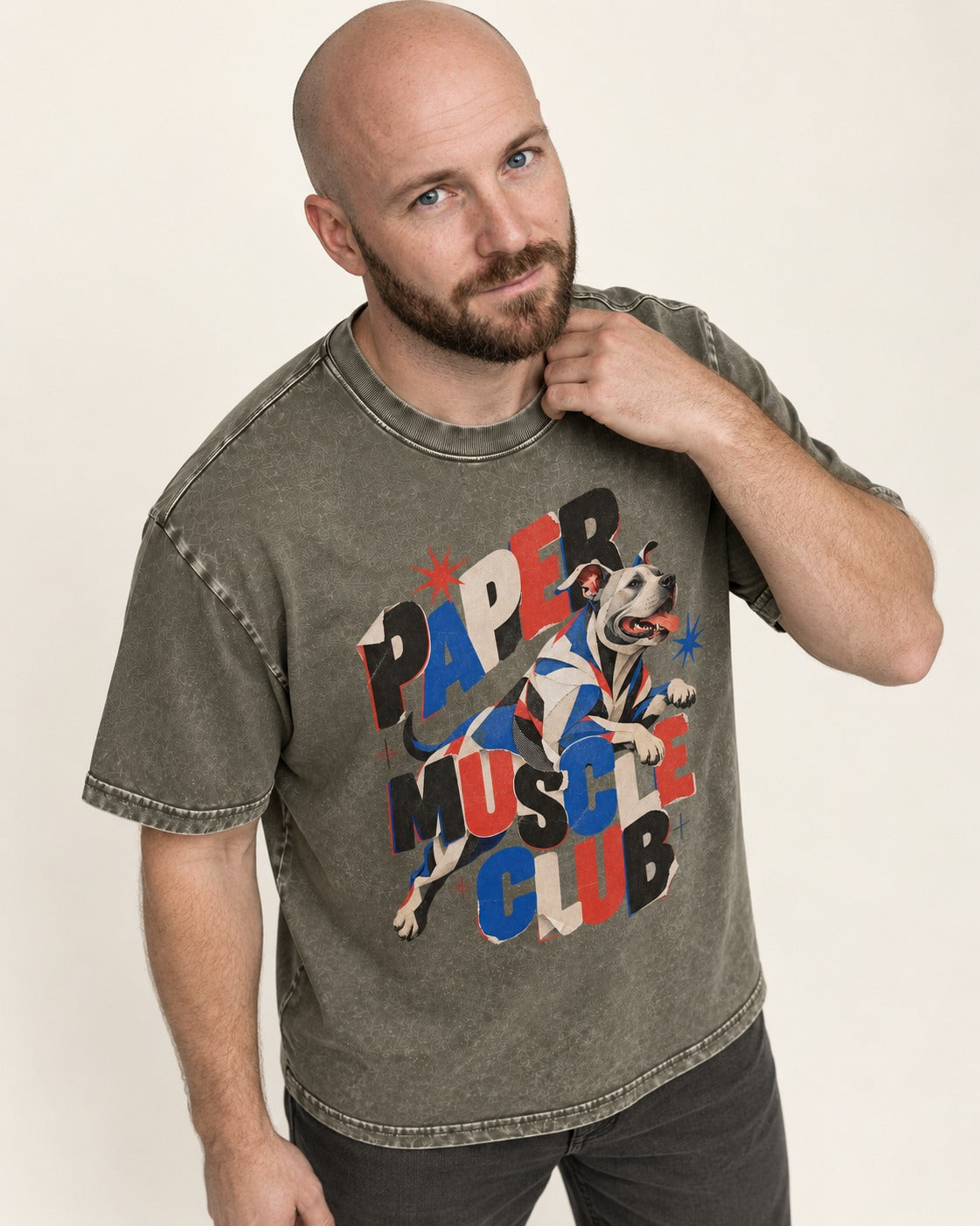 Pitbull Paper Muscle Club Collage Graphic Washed Tee in Army Green, worn by a model
