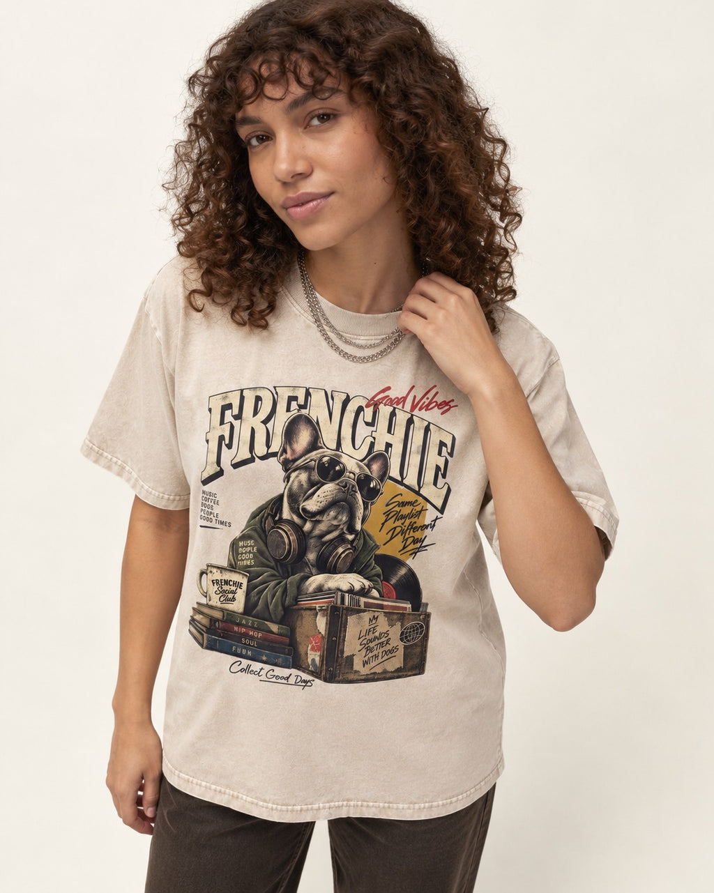Frenchie Social Club Washed Tee in Apricot, worn by a model