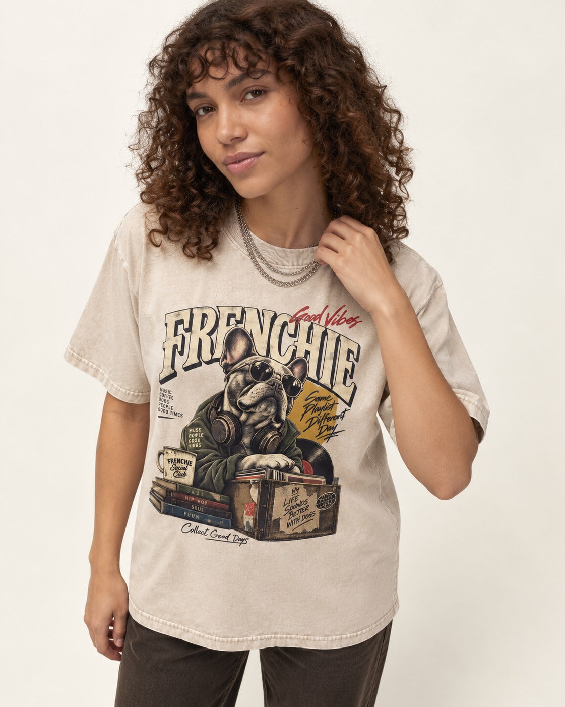 Frenchie Social Club Washed Tee in Apricot, worn by a model