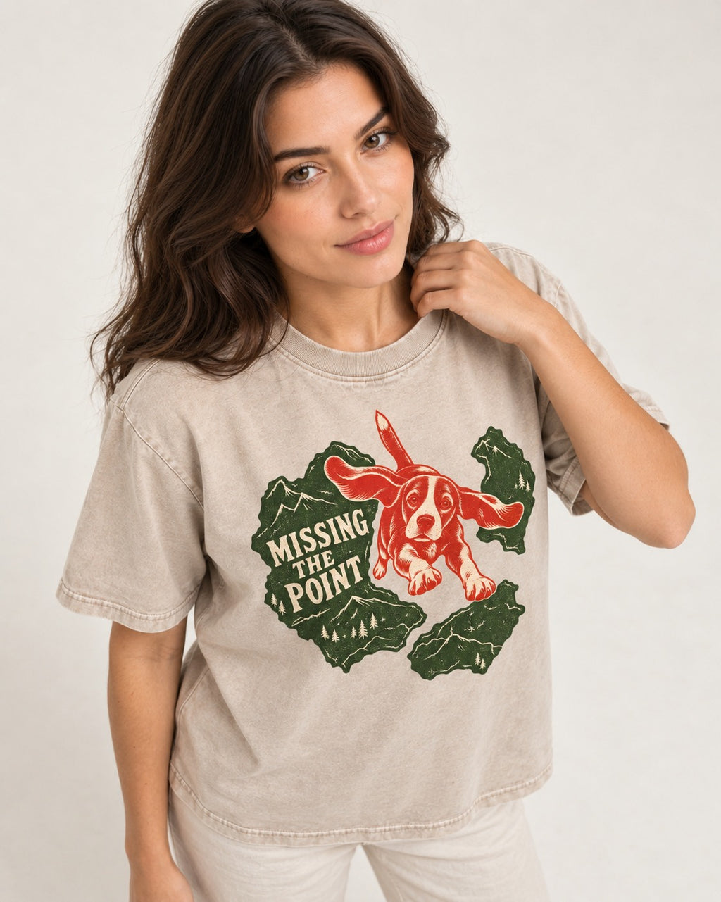 Missing The Point Beagle Trail Washed Tee in Apricot, worn by a model