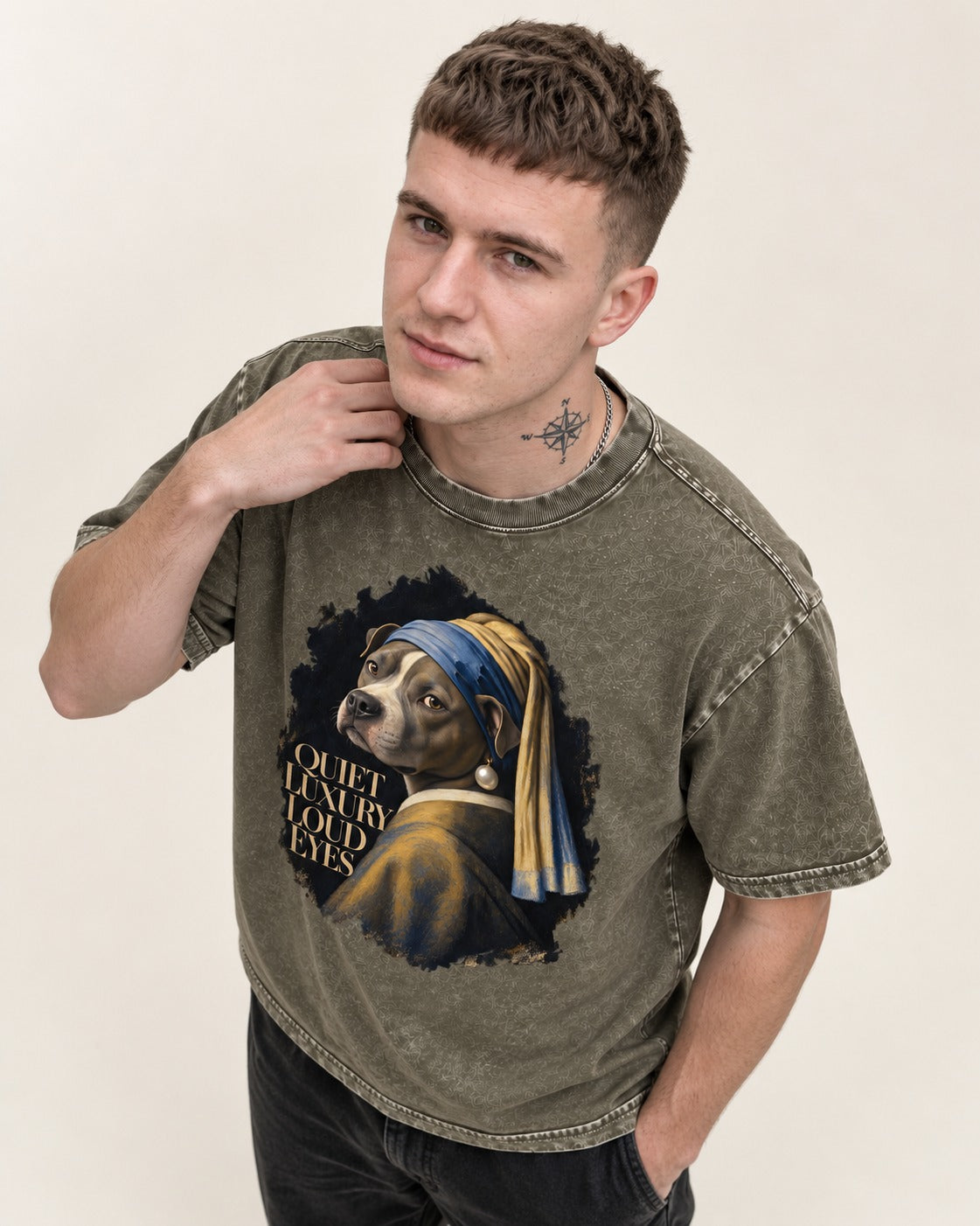 Pitbull Quiet Luxury Loud Eyes Pearl Earring Portrait Graphic Washed Tee in Army Green, worn by a model