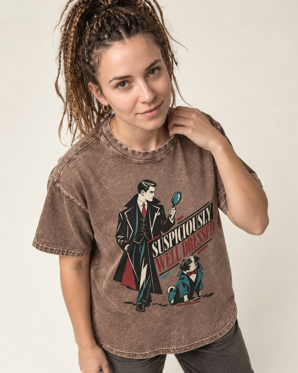 Suspiciously Well Dressed Pug Washed Tee in Coffee, worn by a model