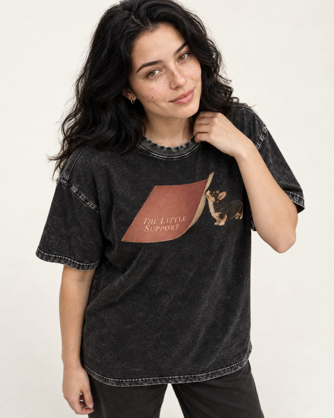 Corgi The Little Support Paper Graphic Washed Tee in Black, worn by a model