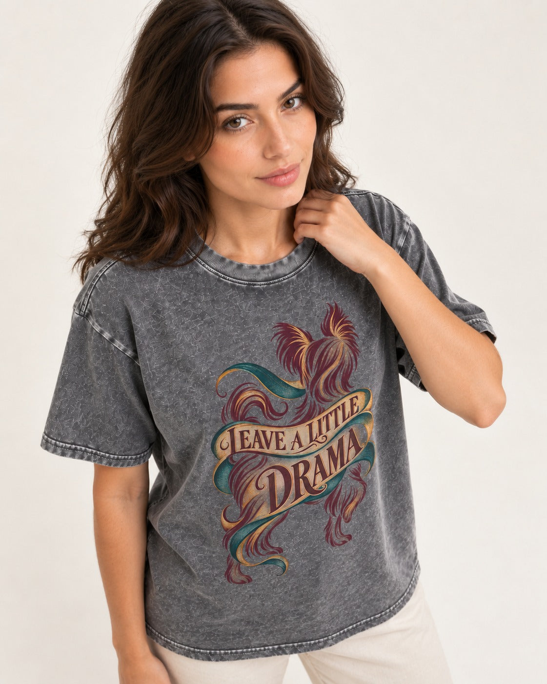 Leave a Little Drama Yorkshire Terrier Washed Tee in Gray, worn by a model
