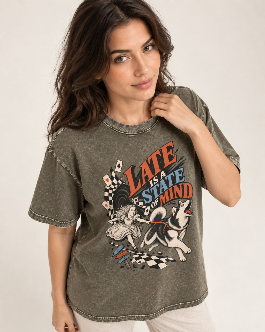 Husky Late Is a State of Mind Wonderland Chase Graphic Washed Tee in Army Green, worn by a model
