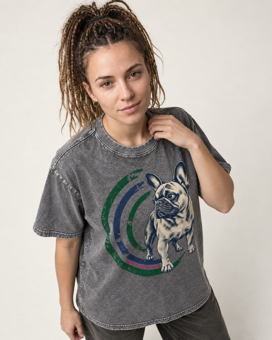 Frenchie Look a Little Left Orbit Graphic Washed Tee in Gray, worn by a model