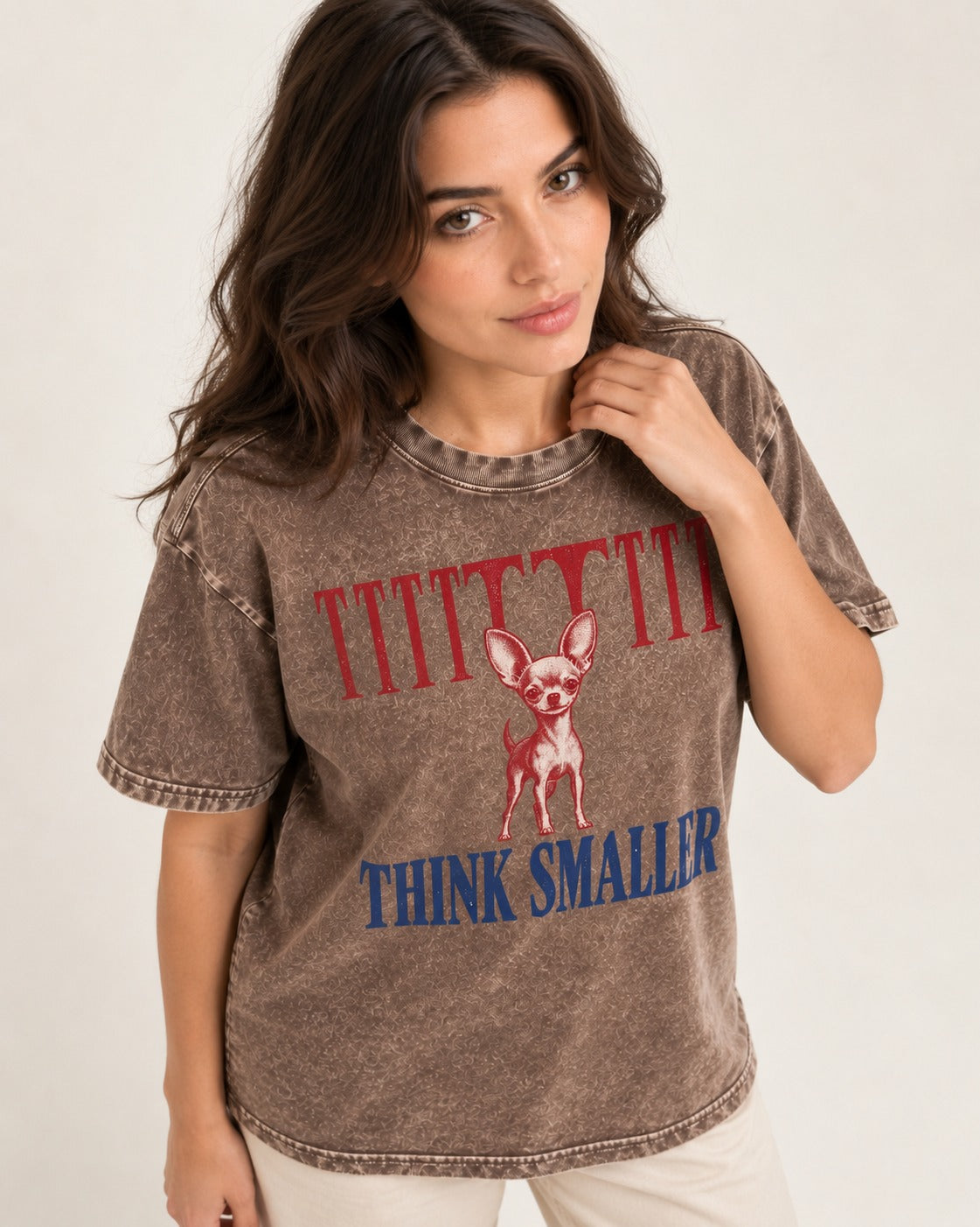 Think Smaller Chihuahua Washed Tee in Coffee, worn by a model