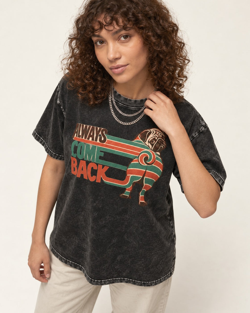 Pug Always Come Back Striped Body Graphic Washed Tee in Black, worn by a model
