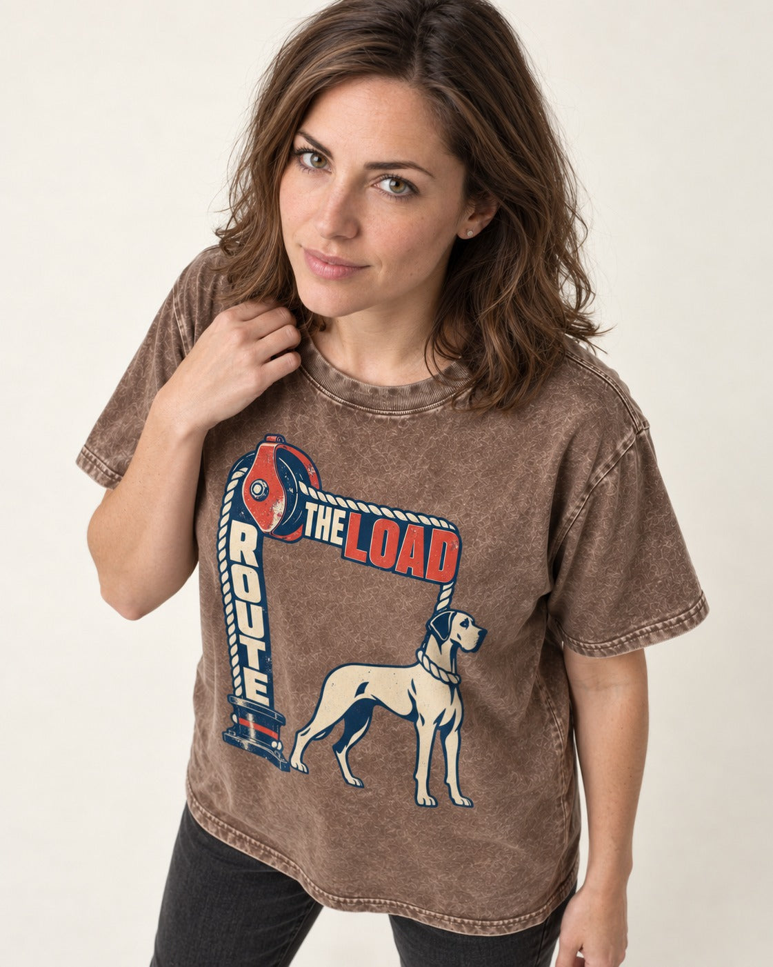 Great Dane Route the Load Washed Tee in Coffee, worn by a model