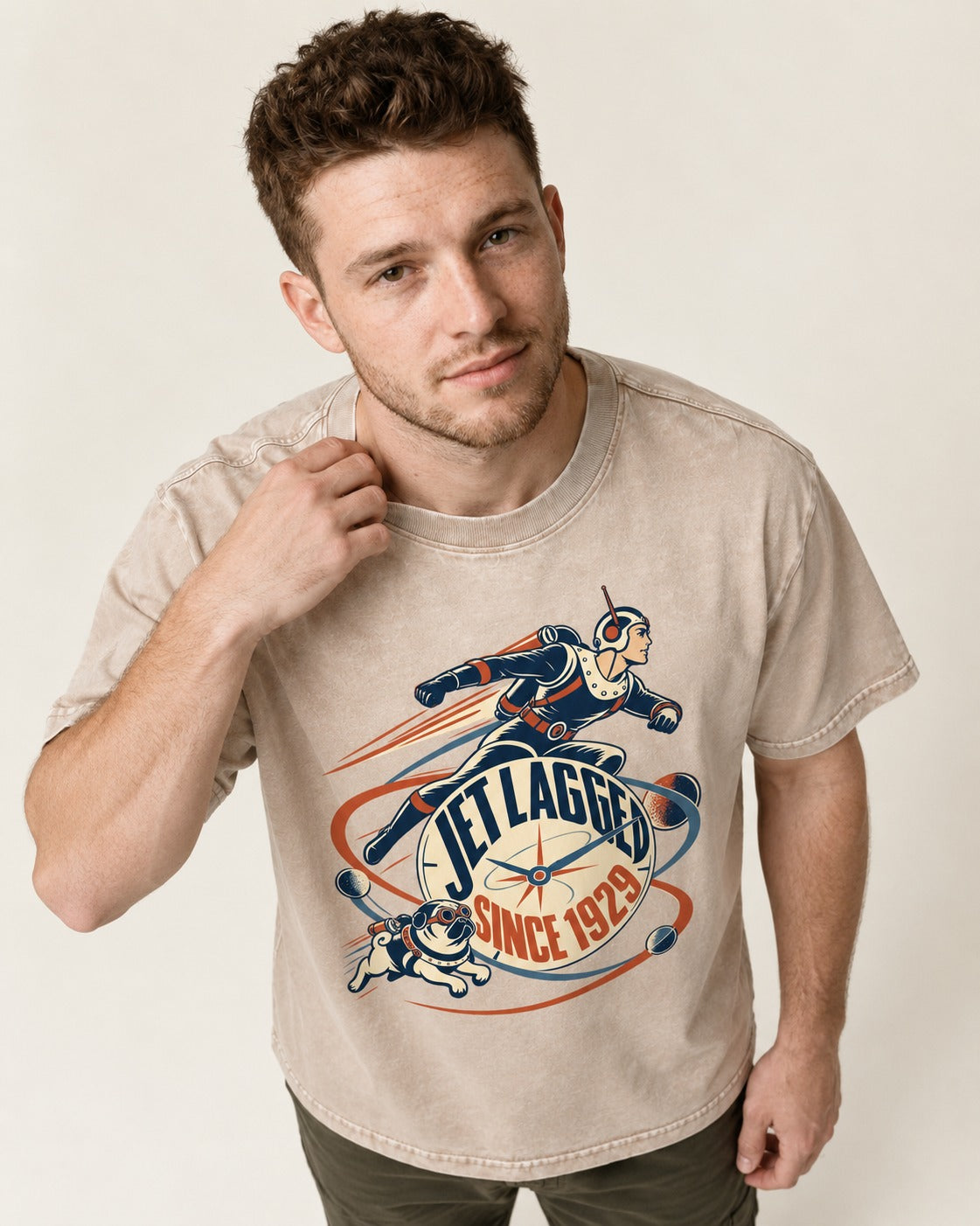Jet Lagged Pug Washed Tee in Apricot, worn by a model