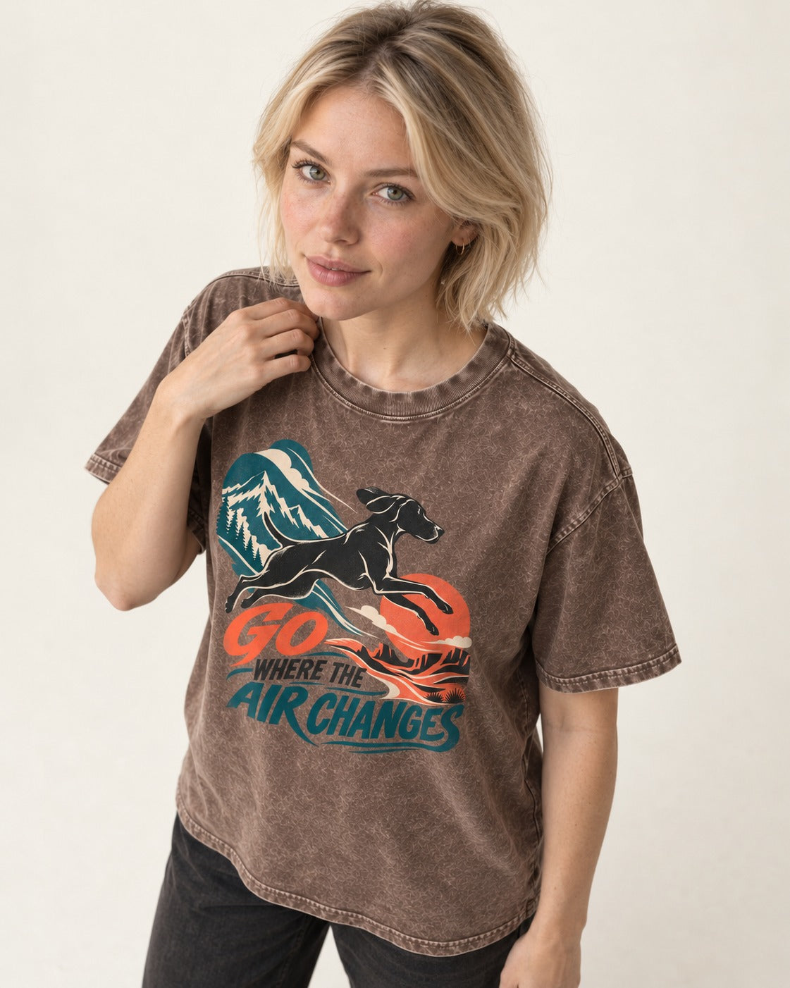 German Shorthaired Pointer Where the Air Changes Washed Tee in Coffee, worn by a model
