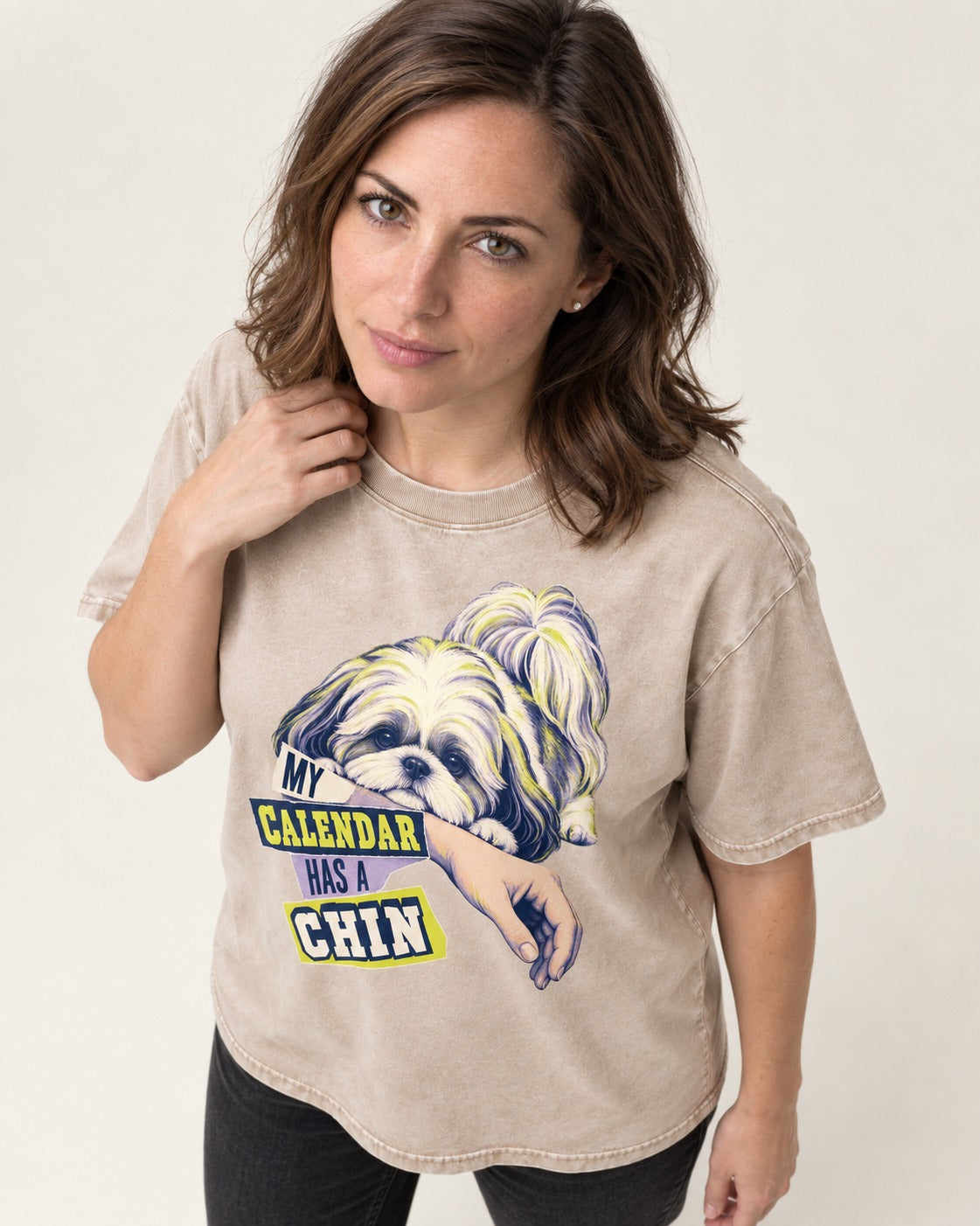 Shih Tzu My Calendar Has a Chin Arm Rest Graphic Washed Tee in Apricot, worn by a model
