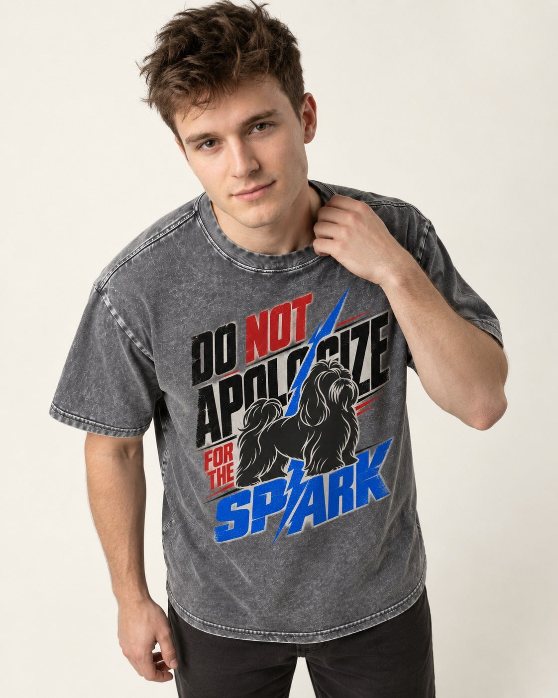 Never Apologize for Shih Tzu Spark Washed Tee in Gray, worn by a model