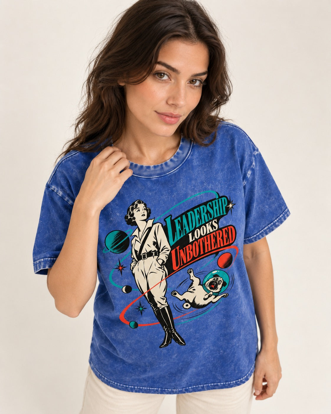 Pug Leadership Looks Unbothered Space Graphic Washed Tee in Royal Blue, worn by a model