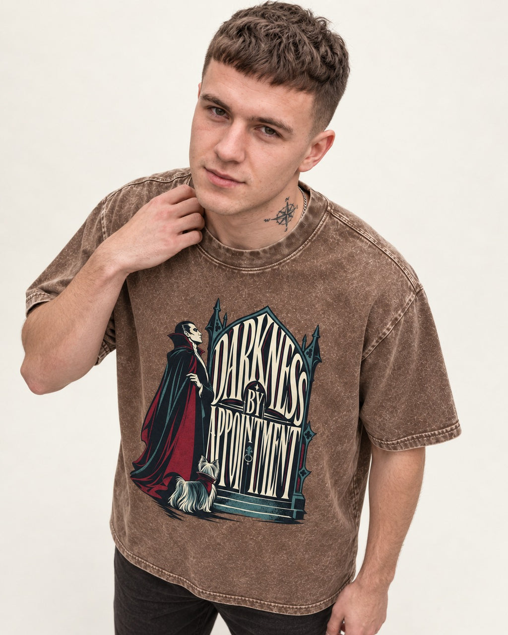 Darkness by Appointment with Yorkshire Terrier Washed Tee in Coffee, worn by a model