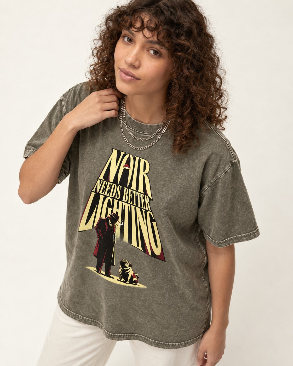 Pug Noir Needs Better Lighting Detective Graphic Washed Tee in Army Green, worn by a model