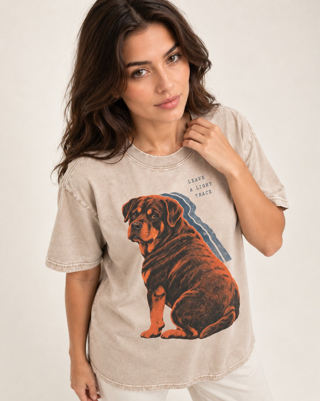 Rottweiler Leave a Light Trace Washed Tee in Apricot, worn by a model