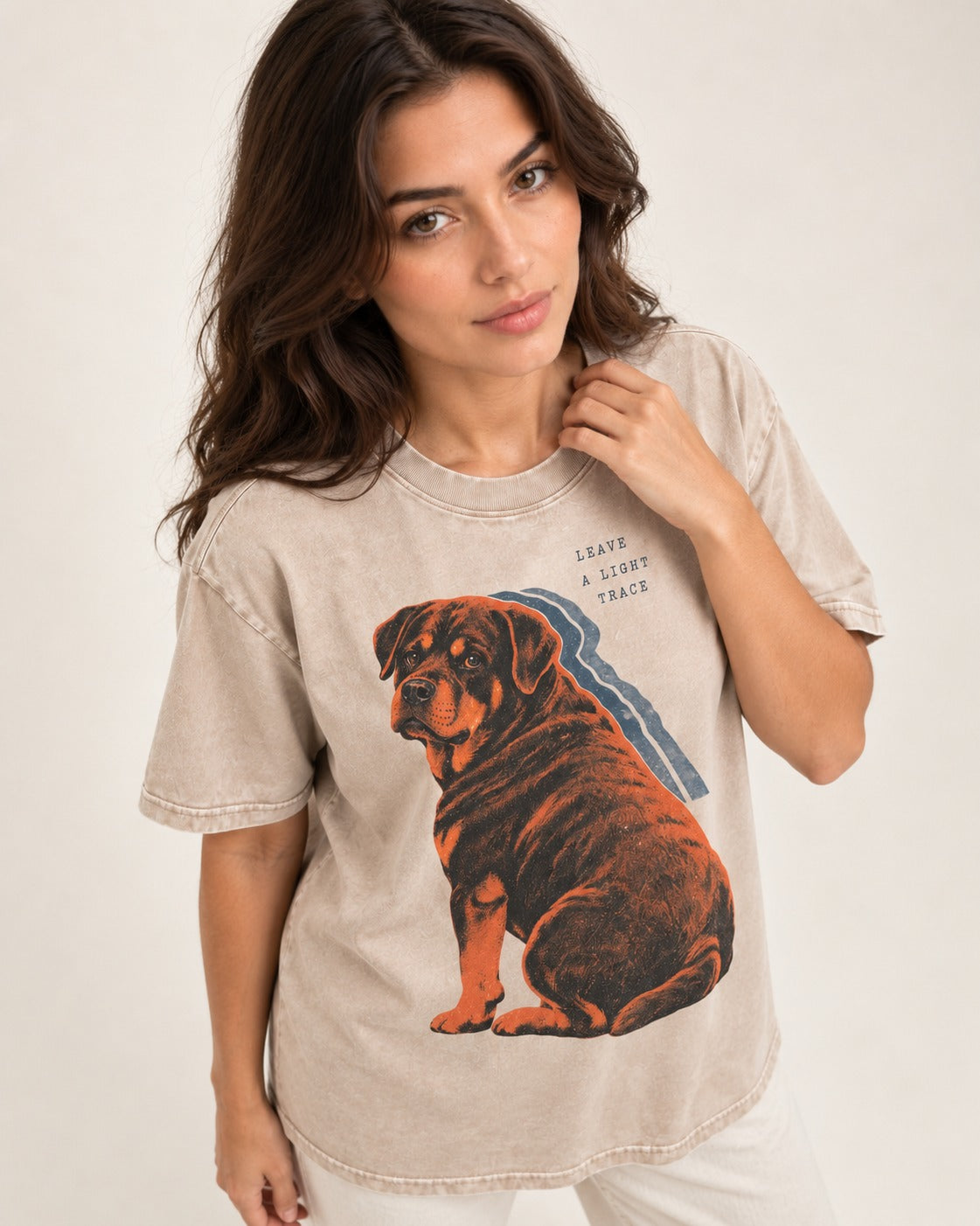 Rottweiler Leave a Light Trace Washed Tee in Apricot, worn by a model