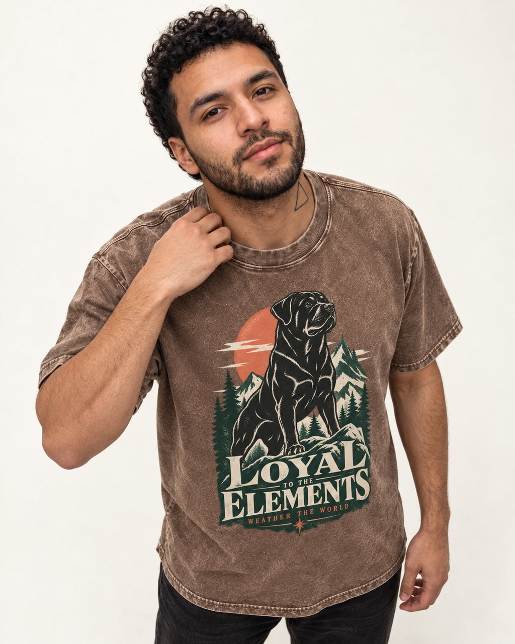 Rottweiler Loyal to the Elements Washed Tee in Coffee, worn by a model