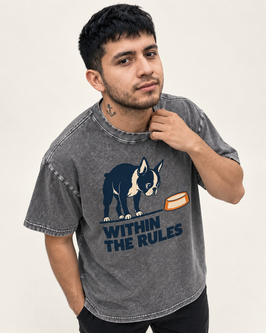 Within the Rules Boston Terrier Washed Tee in Gray, worn by a model
