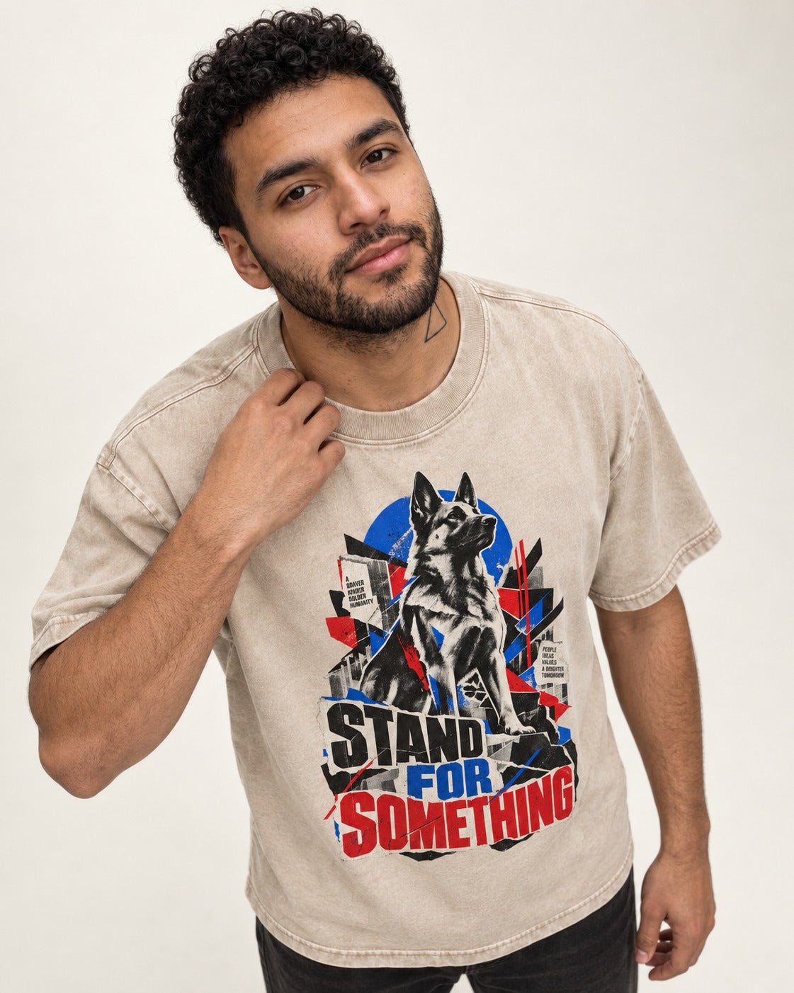 Stand For Something Brutalist Collage German Shepherd Dog Graphic Washed Tee in Apricot, worn by a model
